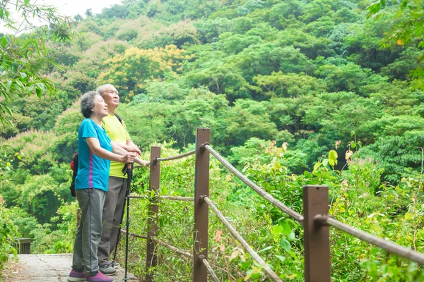 Coppia Anziana Escursioni Nel Parco Naturale Guardando Alto — Foto Stock