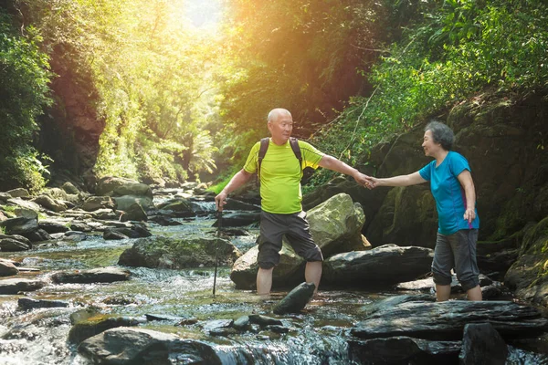 Senior Par Promenader Över Liten Flod Naturparken — Stockfoto