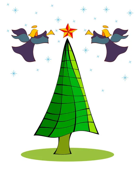 Dos Ángeles Vuelan Sobre Árbol Navidad Sobre Fondo Blanco — Vector de stock