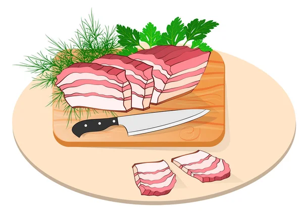 Manteca de cerdo escamosa en una tabla con un cuchillo y verduras — Vector de stock
