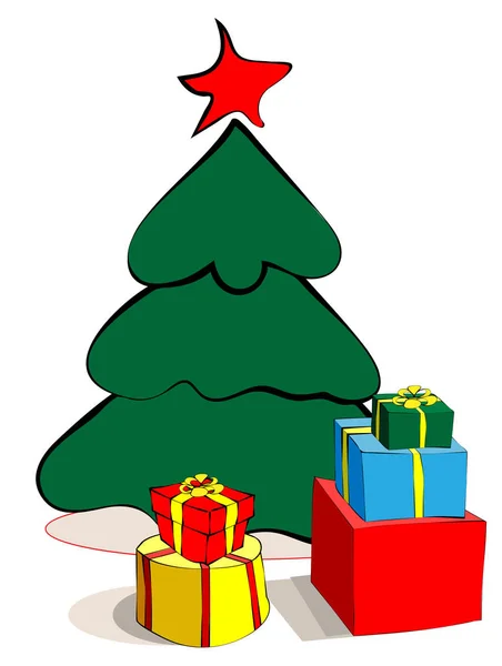 Árbol de Navidad verde con una estrella y regalos sobre un fondo blanco — Vector de stock