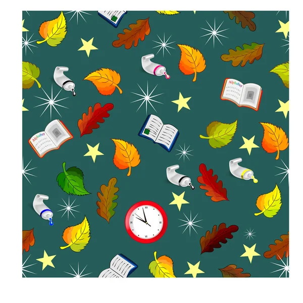 Repeating school pattern on a dark background with autumn leaves — Stock Vector