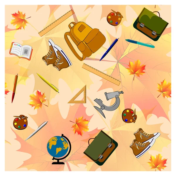 Motif scolaire répété sur fond beige avec des feuilles d'érable — Image vectorielle