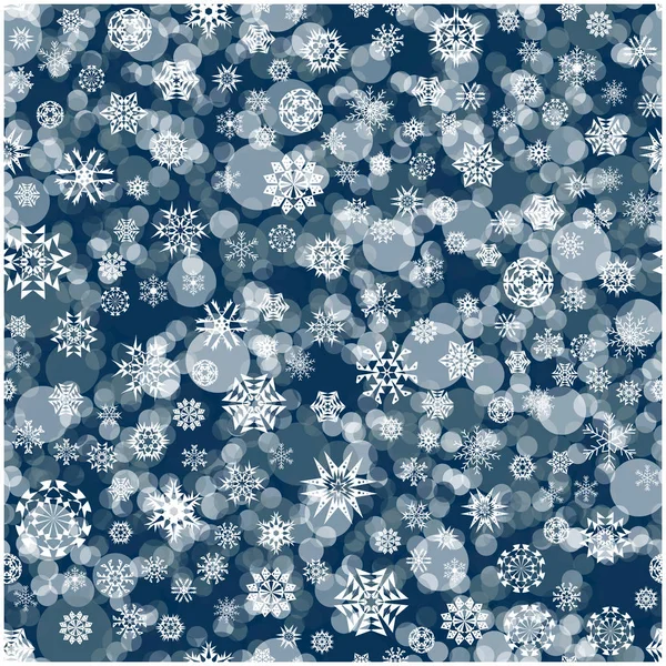 Nahtloses Muster aus weißen Schneeflocken und Kreisen auf blauem Hintergrund — Stockvektor