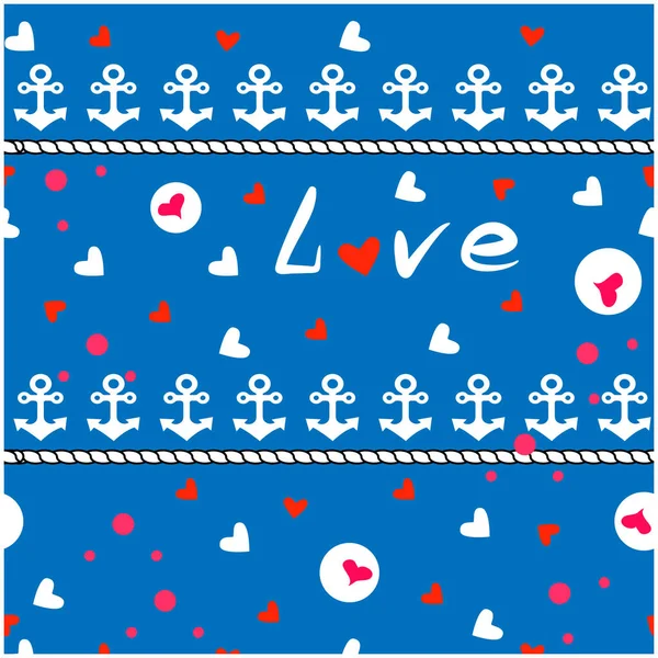 Marine pattern with hearts. For fabric, baby clothes, background — Stock Vector