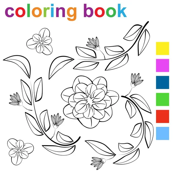 Modello Pagina Colorare Con Fiori Foglie Bambini Illustrazione Vettoriale Eps — Vettoriale Stock