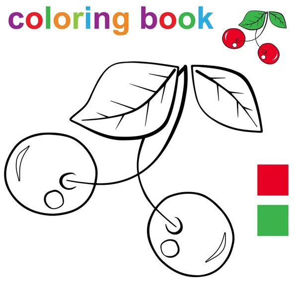 Modello Pagina Libro Colorare Con Due Ciliegie Foglie Bambini Illustrazione — Vettoriale Stock