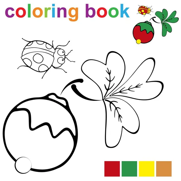 Modello Pagina Libro Colorare Con Bacche Coccinella Bambini Illustrazione Vettoriale — Vettoriale Stock