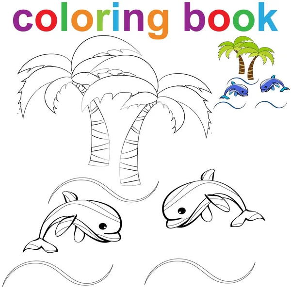 Modello Pagina Colorare Con Delfini Palme Bambini Illustrazione Vettoriale Eps — Vettoriale Stock