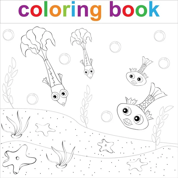 Modello Pagina Colorare Con Pesci Alghe Stelle Marine Bambini Che — Vettoriale Stock