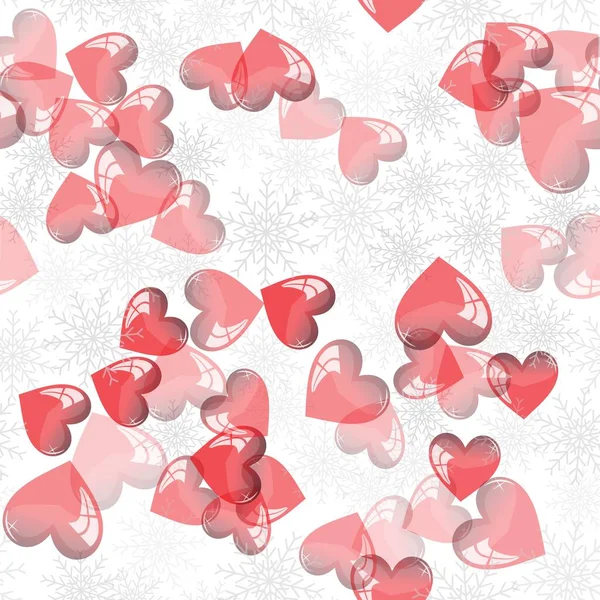 Röda Transparenta Hjärtan Och Blå Snöflingor Vit Bakgrund Design För — Stock vektor
