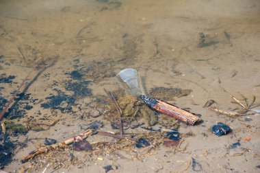 Nehrin kıyısında plastik şişeler ve çöp atıkları.