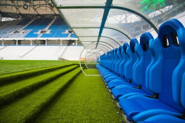 Mavi tezgah veya koltuk veya sandalye futbol stadyumu teknik personel Direktörü