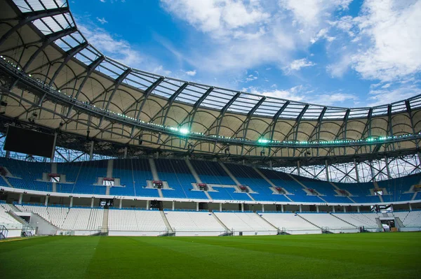 Panorámás Kilátás Nyílik Foci Field Stadion Nézőtéri Ülések — Stock Fotó