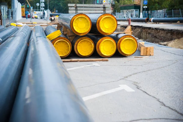 Straat Wederopbouw Site Van Stadsverwarming Systeem Pijpleiding Vervanging Van Oude — Stockfoto