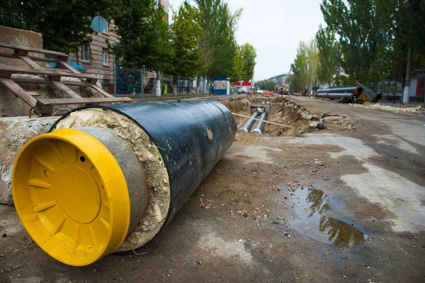 Straat Wederopbouw Site Van Stadsverwarming Systeem Pijpleiding Vervanging Van Oude — Stockfoto