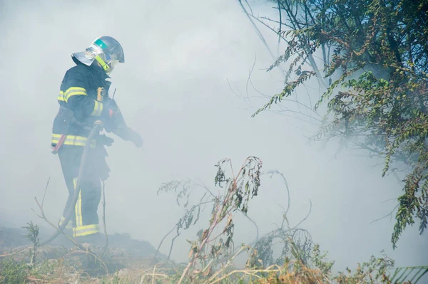 Fuego Campo Cerca Ciudad Bombero Apaga Fuego —  Fotos de Stock