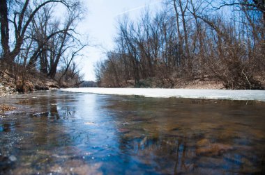 Erken baharda ormandaki nehir sessizce akan akar olduğunda hala buz ve kar. Bahar manzara