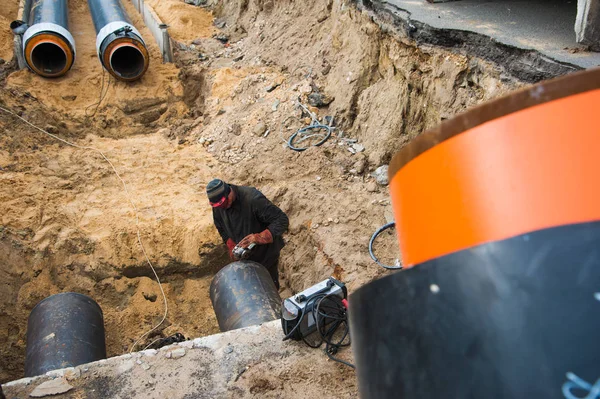 Street Reconstruction Site District Heating System Pipeline Replacement Old Pipes — Stock Photo, Image