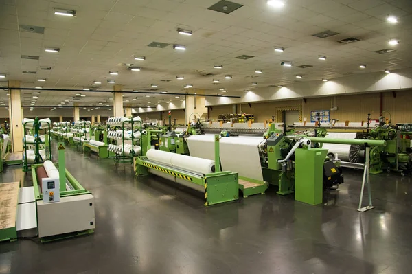 Ipari Szövet Gyártósor Szövőszövőszék Textilgyárban — Stock Fotó