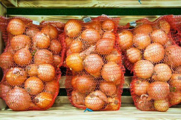 Cebollas Amarillas Orgánicas Frescas Supermercado — Foto de Stock
