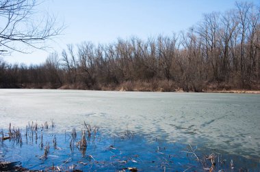 Erken baharda ormandaki nehir sessizce akan akar olduğunda hala buz ve kar. Bahar manzara