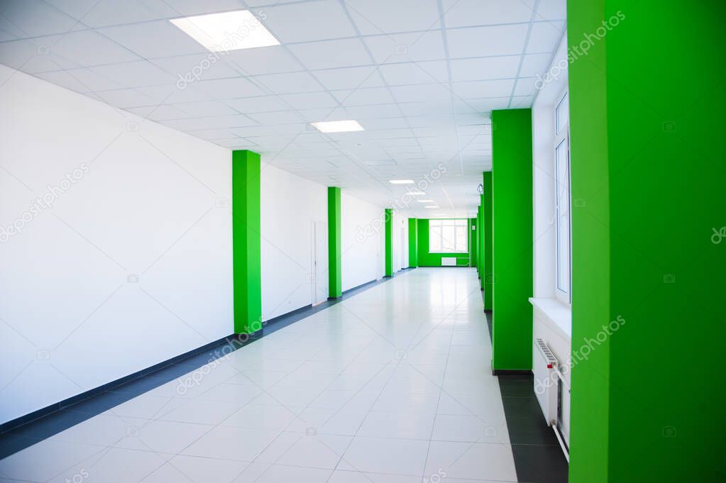 Empty clean hallway or corridor of interior classroom