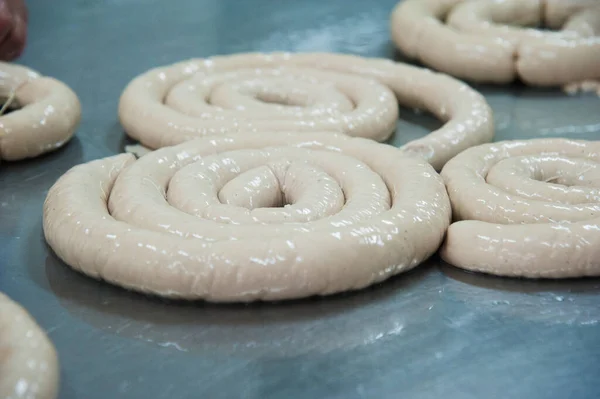 Ligne Production Saucisses Bouchers Transformant Des Saucisses Usine Viande — Photo