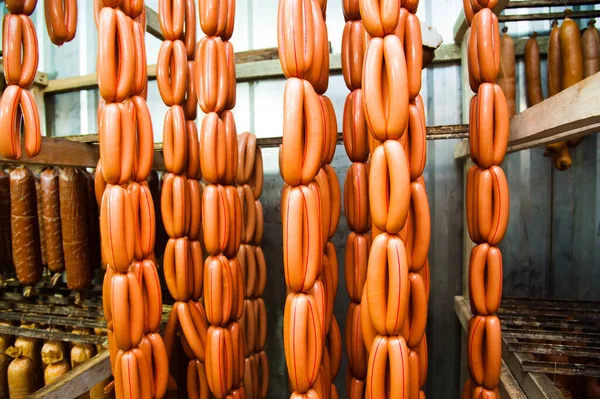 Linha Produção Salsichas Salsicha Balcão Para Fumeiro — Fotografia de Stock