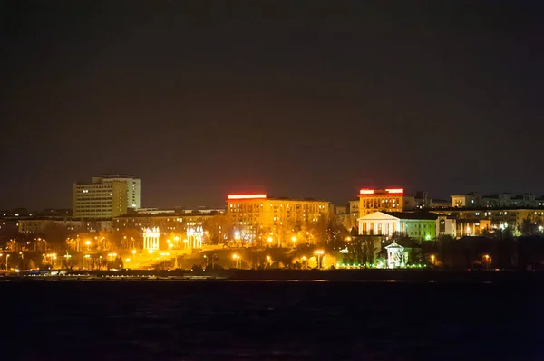 Panorama Der Stadt Bei Nacht Fluss Vordergrund — Stockfoto