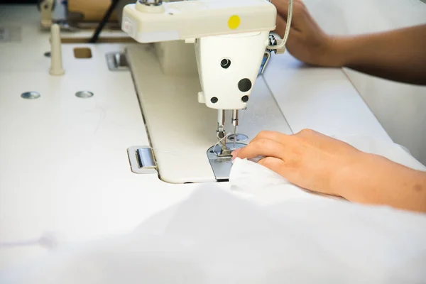 Woman Hands Fabric Sewing Machine Seamstress Working Her Equipment Tailoring — Stock Photo, Image