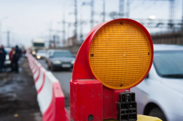 Riparazione Asfalto Pavimentazione Luce Costruzione Arancione Barricata Barriere Sicurezza Rosse — Foto Stock