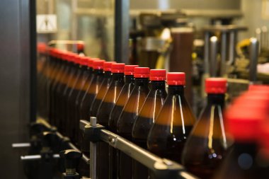 Yiyecek endüstrisi. Taşıyıcının üzerinde karbonatlı içecek olan plastik şişeler.