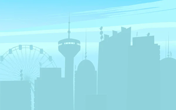 Silhouette von städtischen Gebäuden. Illustration der Silhouette moderner Wolkenkratzer und Stadtgebäude auf blauem Hintergrund. — Stockfoto
