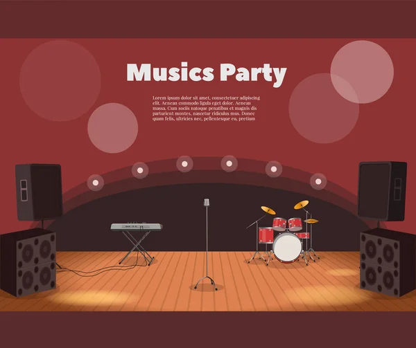 Stage and musics party banner.  illustration of stage with instruments and music party banner.