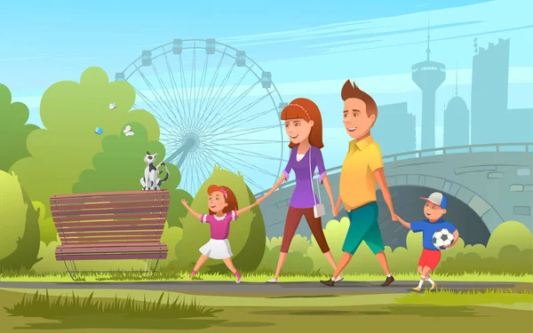 Familia alegre caminando en el parque. Ilustración vectorial de padres felices con niños caminando juntos en el parque verde . — Vector de stock