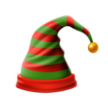 Noel tatil hat.3d, funky kırmızı ve yeşil soyulmuş karikatür Noel vektör elf şapka izole vektör, çocuklar elf şapka simgesini veya etiket