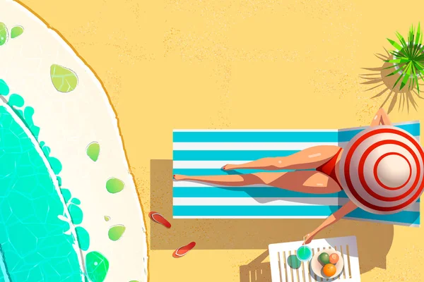 Jonge vrouw bikini op ligstoel houden van kokosnoot cocktail zomer vakantie concept, vlakke stijl — Stockvector