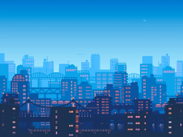 Ciudad por la noche.Ciudad vectorial en diseño de estilo plano.Panorama de la gran ciudad por la noche — Vector de stock