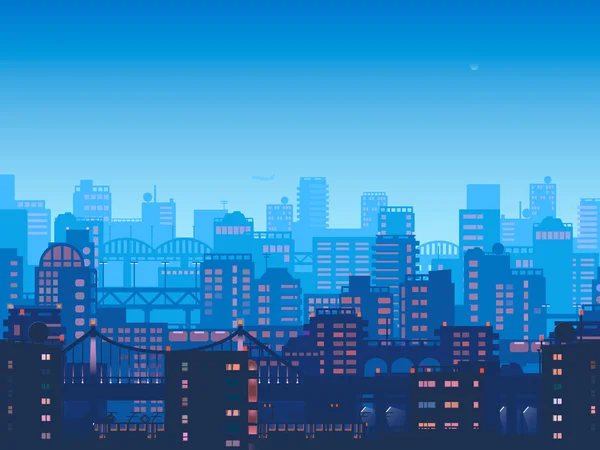 Staden på natten. stad i platt stil design. Panorama i den stora staden på natten — Stockfoto