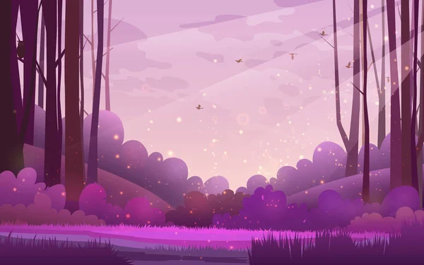 Illustration des Waldes. Kiefernwald-Landschaft unter einem violetten Morgenhimmel mit Vögeln und Wolken. — Stockfoto