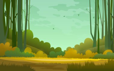 Orman vahşi manzara. Soyut arka plan. Tasarım çalışmaları için şablon. Ortadaki alanı kopyalayın. Vektör Illustration