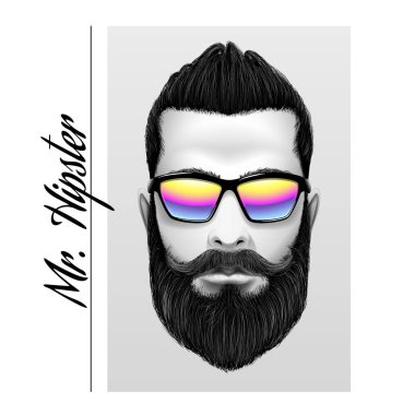 Bay... Hipster sloganı. Güneş gözlüğü sakal ve bıyık ile baskı siyah ve beyaz erkekler.