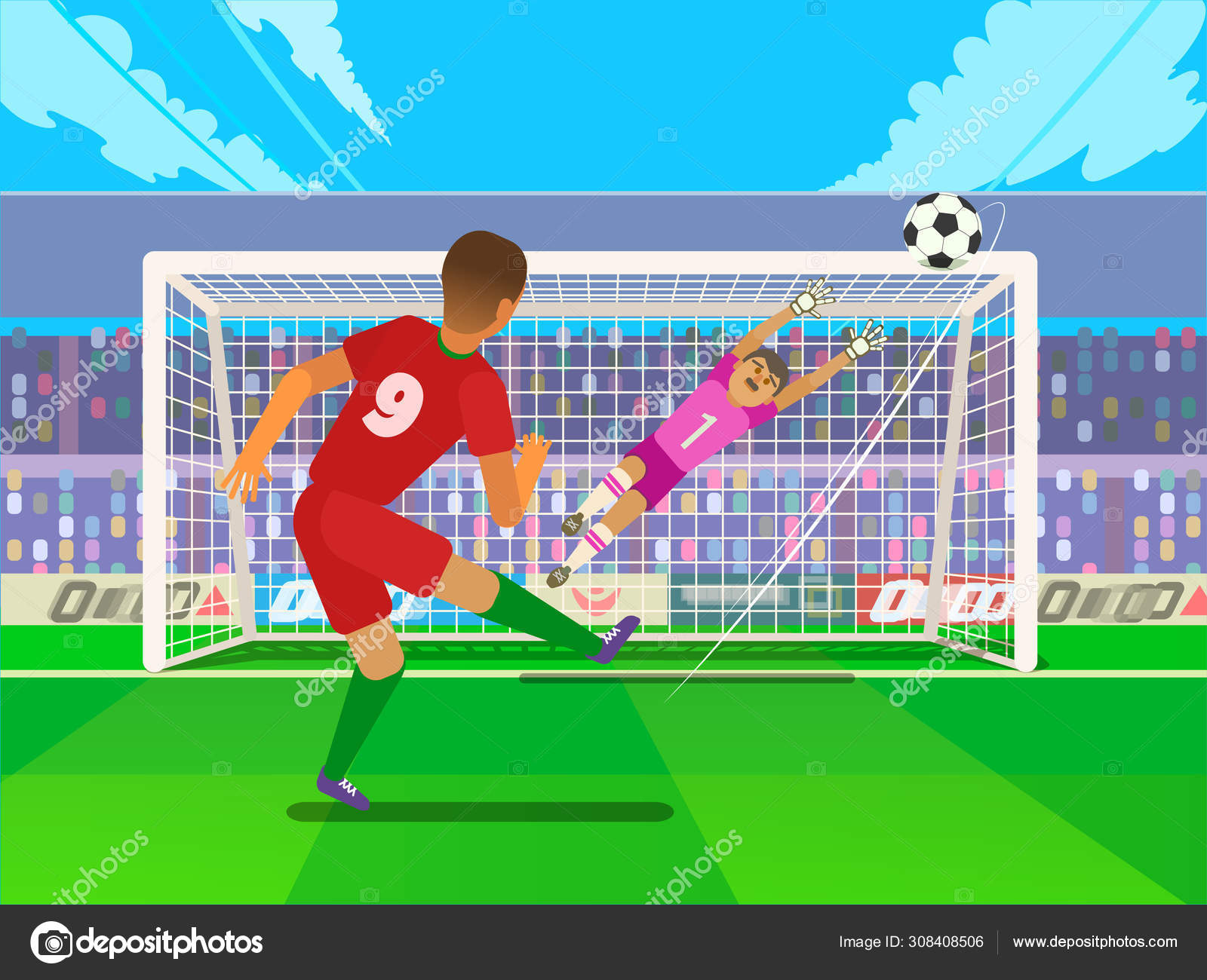 Penalty Soccer Players Defending The Gates. Sportswear flat design. Men on  football stadium wearing blue boots with blue socks, green shorts. Football  player kicking penalty Stock Vector Image by ©reimuss #308408506