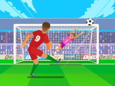 Penaltı Futbolcular Gates Savunan. Spor giyim düz tasarım. Futbol stadyumunda mavi çoraplı, yeşil şortlu mavi çizmeler giyen adamlar. Futbolcuya tekme cezası