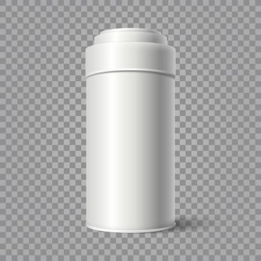 Şeffaf arka planda izole edilmiş tin kovasının vektör gerçekçi çizimi. Beyaz Boş Tin ambalaj mockup,