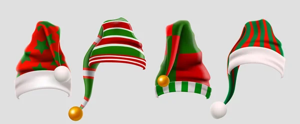 Winter Woolen Elves Hat Christmas Set. Xmas Verde e Vermelho Fur Cap Photo Booth adereços para crianças. Chapéu do Pai Natal. Roupas de inverno. Natal 3d vetor realista conjunto de ícones —  Vetores de Stock