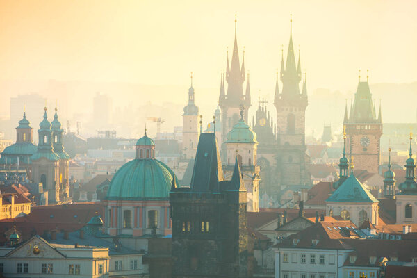 Amazing Aerial view of Prague landmarks at early morning, Czech, European travel