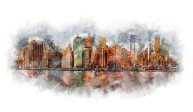New York City Panorama - Manhattan ve iş merkezleri, sabah, yumuşak güneş renkler, çok büyük boy - suluboya resim