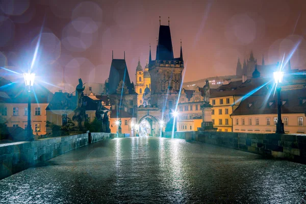 Charles Bridge Prague Night Real Rain Drops Nobody Czech Republic — Stock Photo, Image